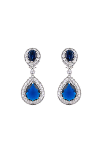 White Finish Blue Sapphire Stone & Zircon Dangle Earrings