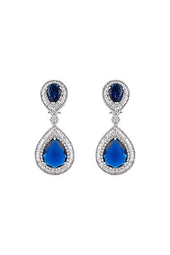 White Finish Blue Sapphire Stone & Zircon Dangle Earrings