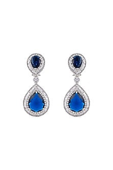 White Finish Blue Sapphire Stone & Zircon Dangle Earrings