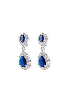 White Finish Blue Sapphire Stone & Zircon Dangle Earrings