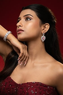 White Finish Zircon & Pink Rose Quartz Dangler Earrings