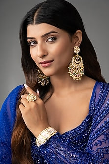 Gold Finish Kundan Polki & Beaded Chandbali Earrings