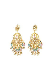Gold Finish Kundan Polki & Beaded Chandbali Earrings