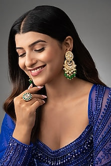 Gold Finish Kundan Polki & Emerald Beaded Chandbali Earrings