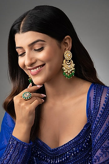 Gold Finish Kundan Polki & Emerald Beaded Chandbali Earrings