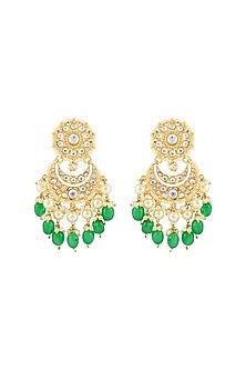 Gold Finish Kundan Polki & Emerald Beaded Chandbali Earrings