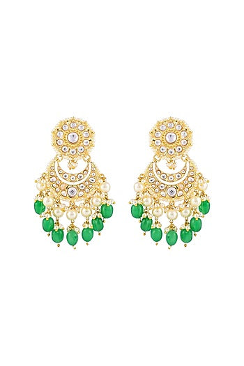 Gold Finish Kundan Polki & Emerald Beaded Chandbali Earrings