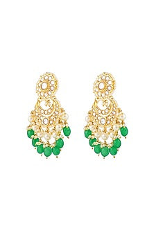 Gold Finish Kundan Polki & Emerald Beaded Chandbali Earrings