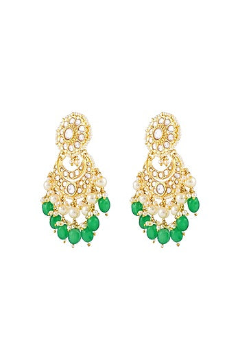 Gold Finish Kundan Polki & Emerald Beaded Chandbali Earrings
