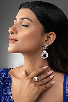 White Finish Blue Sapphire Stone & Zircon Dangler Earrings