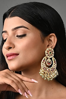 Gold Finish Navratna Kundan Polki Chandbali Earrings