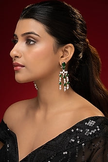 White Finish Emerald Stone & Zircon Dangler Earrings