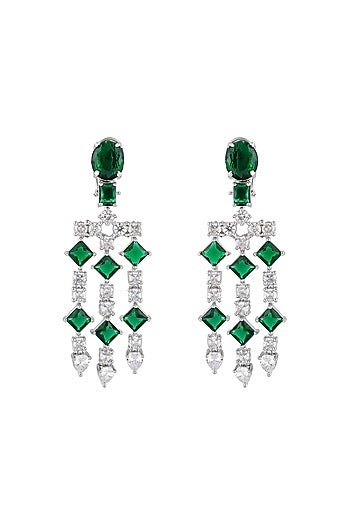White Finish Emerald Stone & Zircon Dangler Earrings