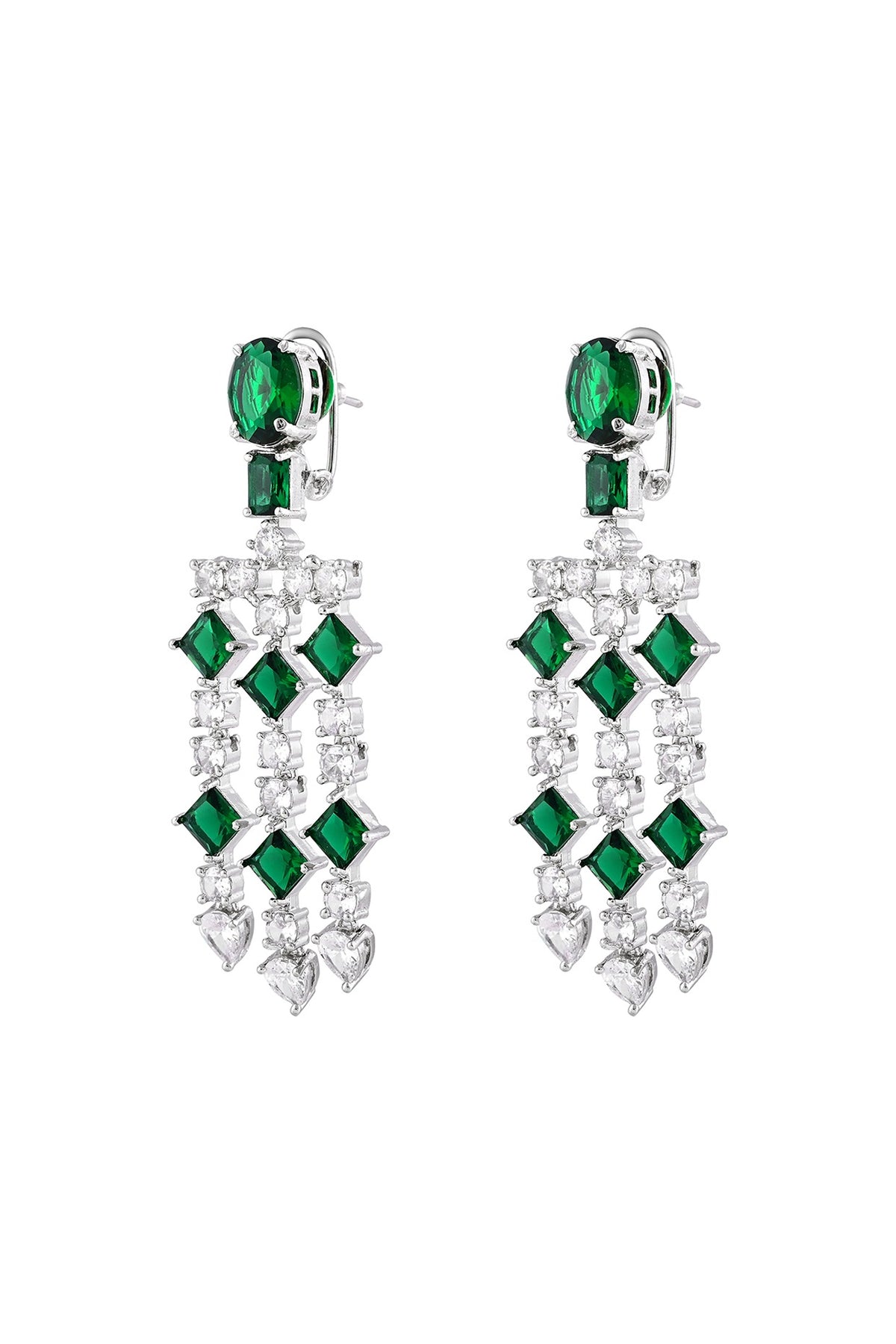 White Finish Emerald Stone & Zircon Dangler Earrings