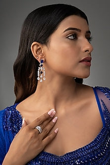 White Finish Blue Sapphire Stone & Zircon Dangler Earrings