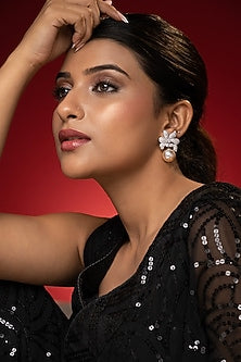 White Finish Cubic Zirconia & Pearl Drop Stud Earrings