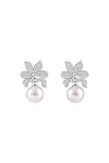 White Finish Cubic Zirconia & Pearl Drop Stud Earrings