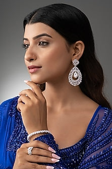 White Finish Cubic Zirconia & Pearl Dangler Earrings
