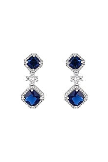 White Finish Blue Sapphire Stone & Zircon Dangle Earrings