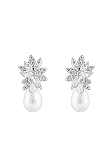 White Finish Zircon & Pearl Drop Stud Earrings