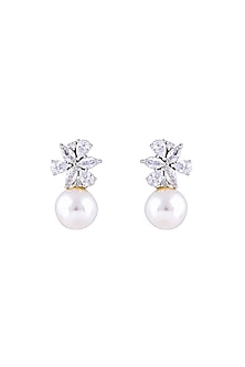White Finish Zircon & Pearl Drop Stud Earrings