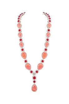 White Finish Rose Quartz & Ruby Stone Long Necklace Set