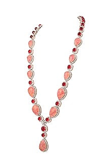 White Finish Rose Quartz & Ruby Stone Long Necklace Set