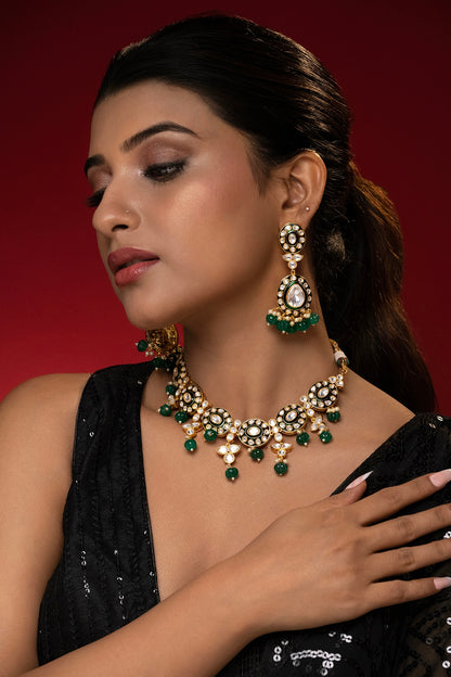 Gold Finish Kundan Polki & Emerald Drop Meenakari Necklace Set
