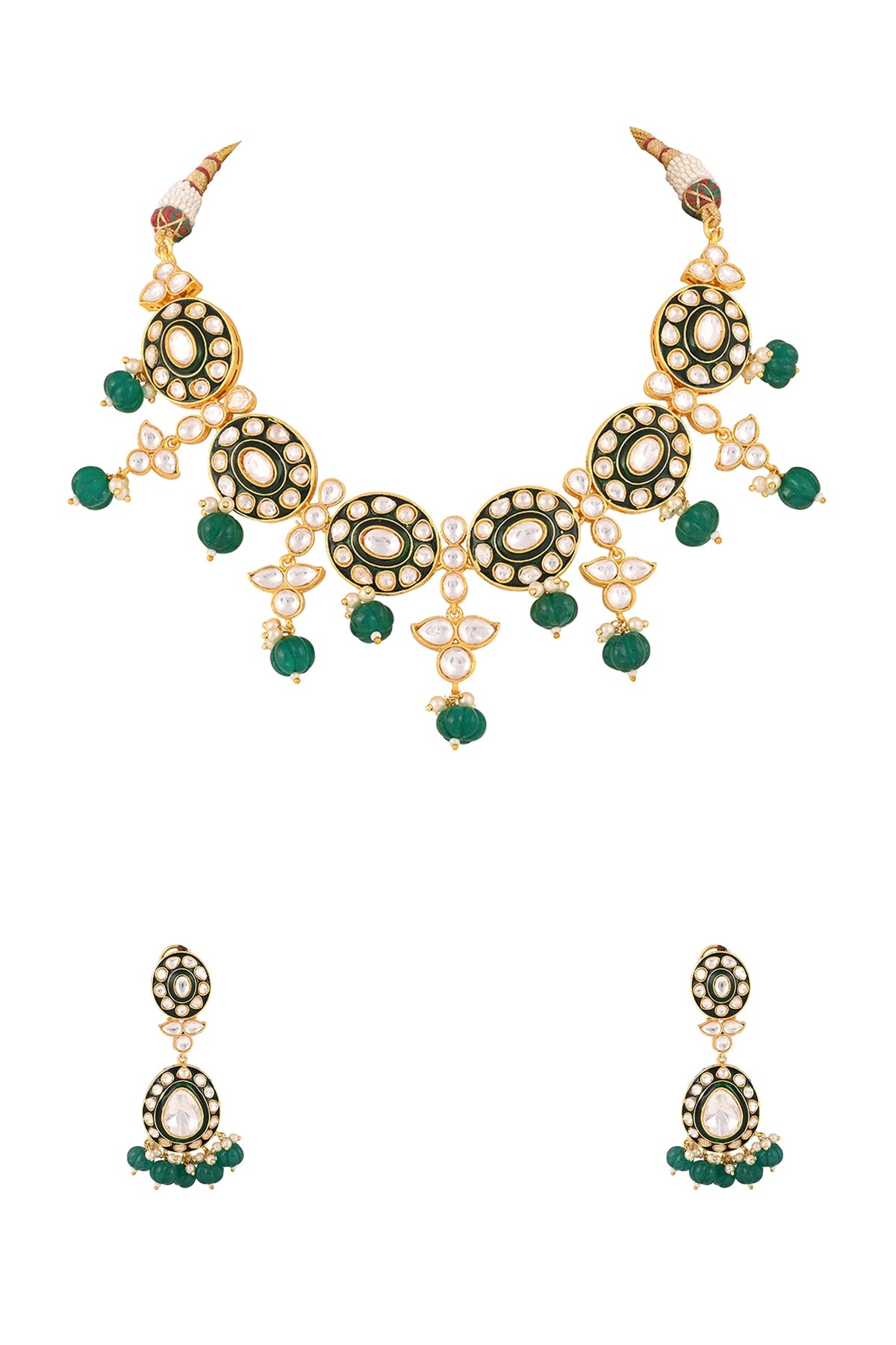 Gold Finish Kundan Polki & Emerald Drop Meenakari Necklace Set