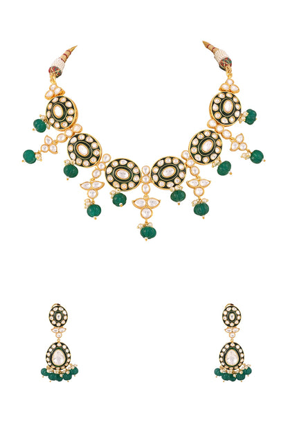 Gold Finish Kundan Polki & Emerald Drop Meenakari Necklace Set