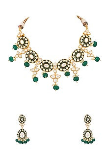 Gold Finish Kundan Polki & Emerald Drop Meenakari Necklace Set