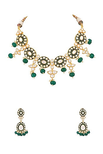 Gold Finish Kundan Polki & Emerald Drop Meenakari Necklace Set