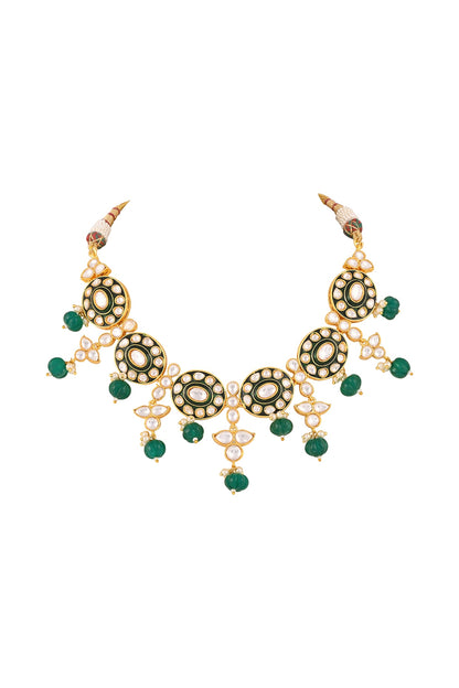 Gold Finish Kundan Polki & Emerald Drop Meenakari Necklace Set