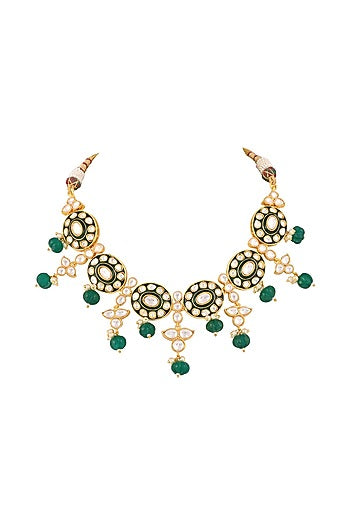 Gold Finish Kundan Polki & Emerald Drop Meenakari Necklace Set
