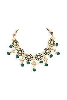 Gold Finish Kundan Polki & Emerald Drop Meenakari Necklace Set