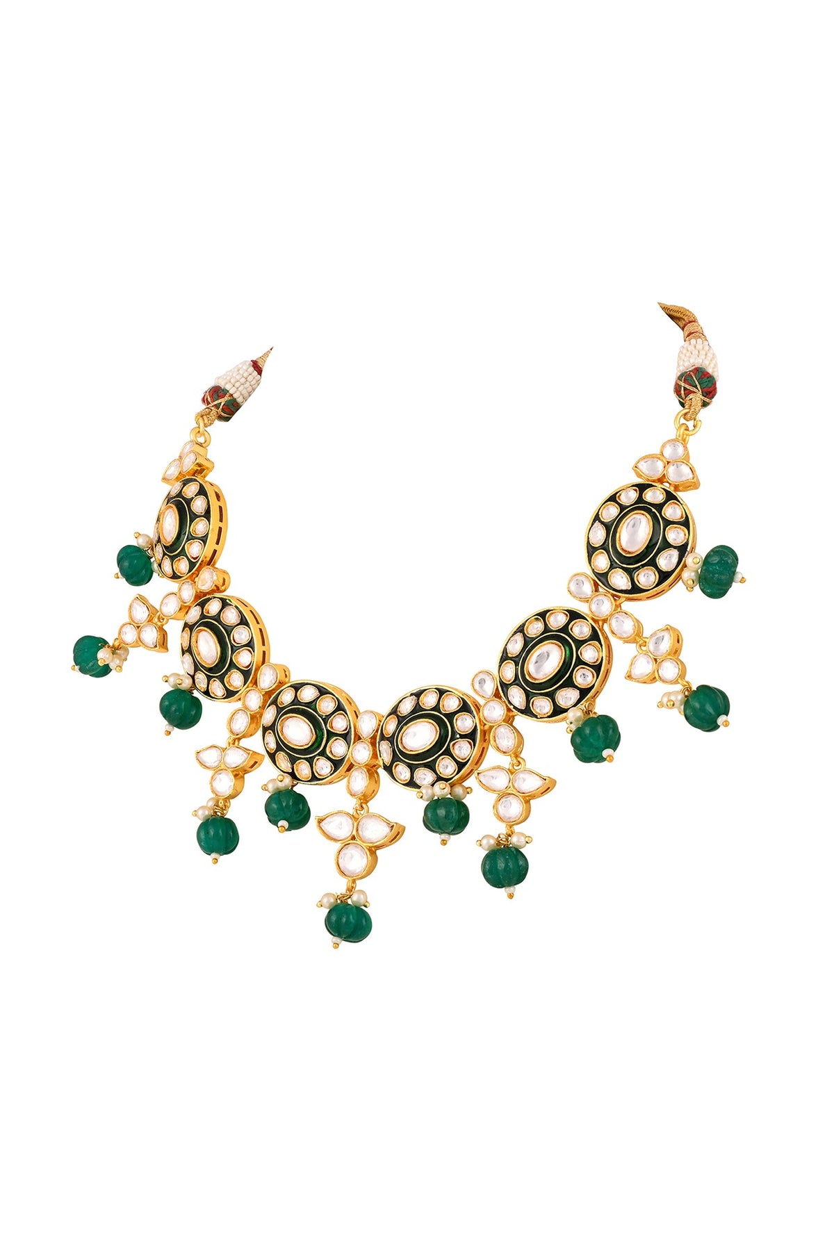 Gold Finish Kundan Polki & Emerald Drop Meenakari Necklace Set