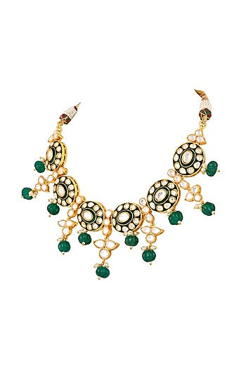 Gold Finish Kundan Polki & Emerald Drop Meenakari Necklace Set