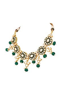 Gold Finish Kundan Polki & Emerald Drop Meenakari Necklace Set