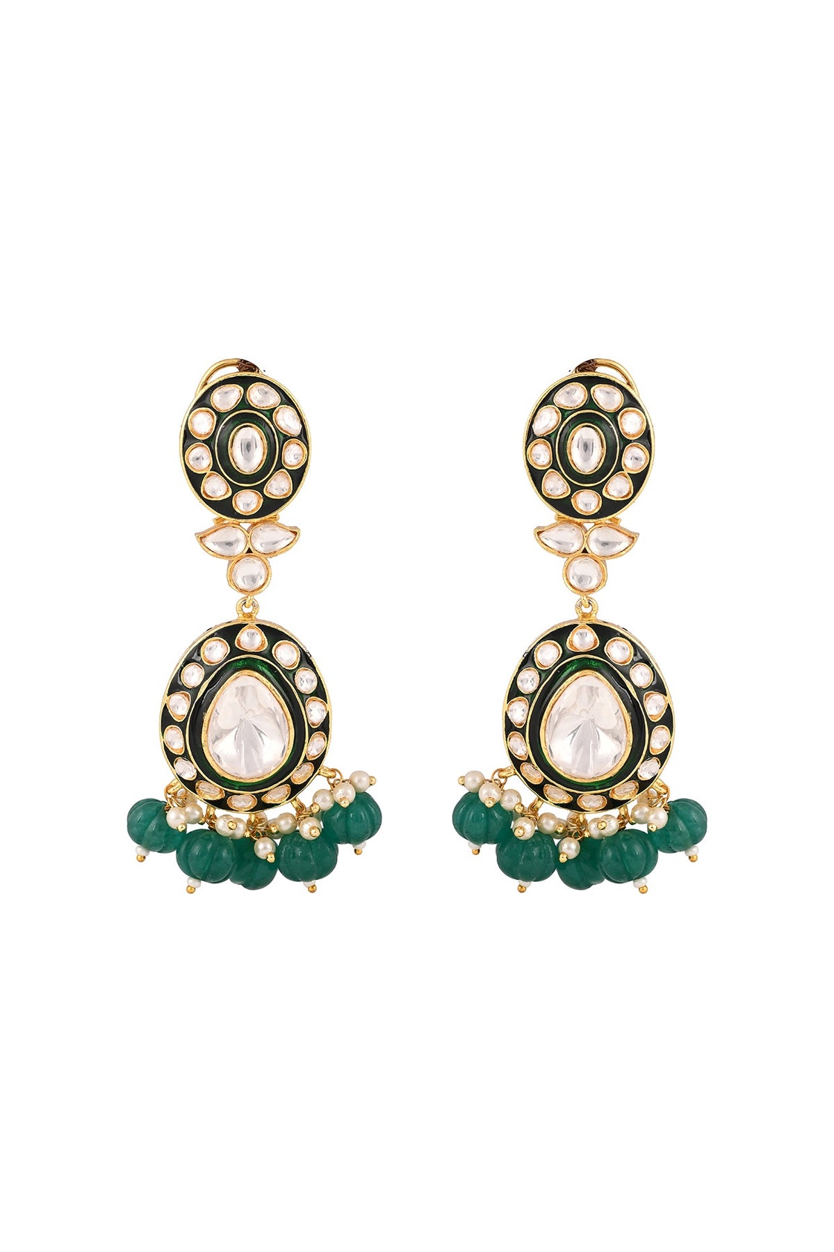Gold Finish Kundan Polki & Emerald Drop Meenakari Necklace Set