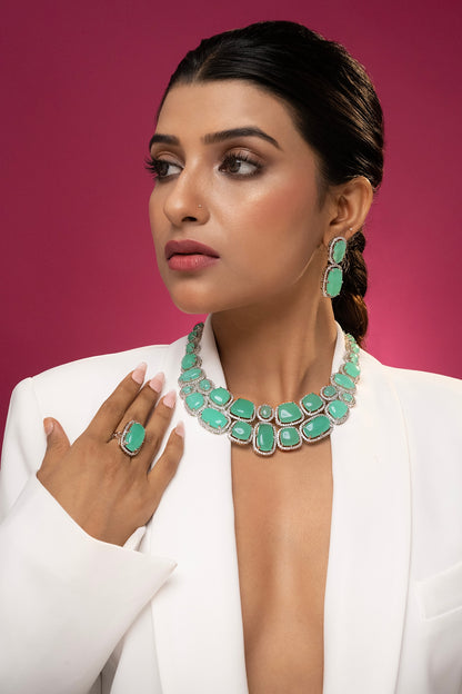 White Finish Aqua Cabochon Stone & Crystal Necklace Set