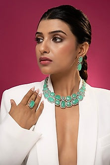 White Finish Aqua Cabochon Stone & Crystal Necklace Set
