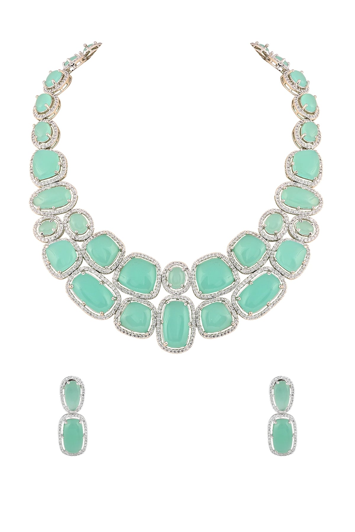 White Finish Aqua Cabochon Stone & Crystal Necklace Set