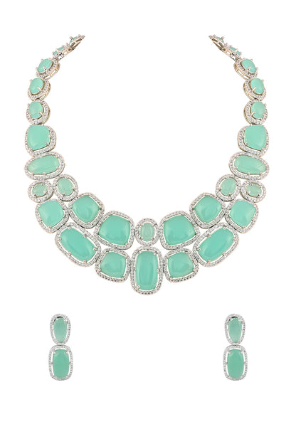 White Finish Aqua Cabochon Stone & Crystal Necklace Set