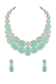 White Finish Aqua Cabochon Stone & Crystal Necklace Set
