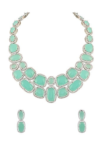 White Finish Aqua Cabochon Stone & Crystal Necklace Set