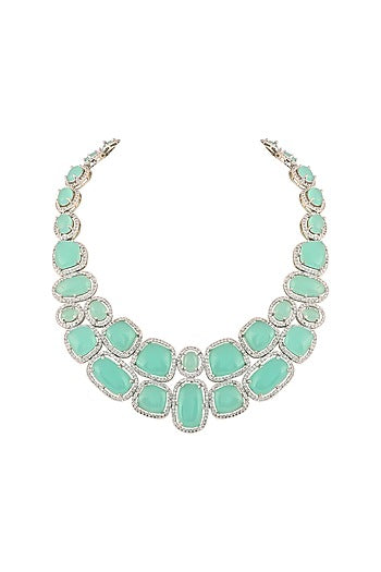 White Finish Aqua Cabochon Stone & Crystal Necklace Set
