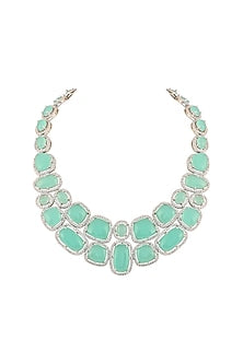 White Finish Aqua Cabochon Stone & Crystal Necklace Set