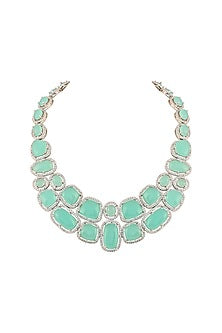 White Finish Aqua Cabochon Stone & Crystal Necklace Set