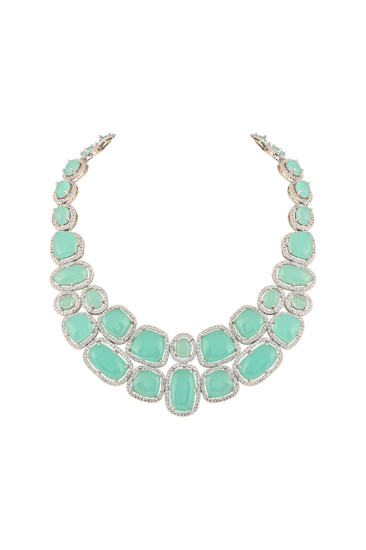 White Finish Aqua Cabochon Stone & Crystal Necklace Set