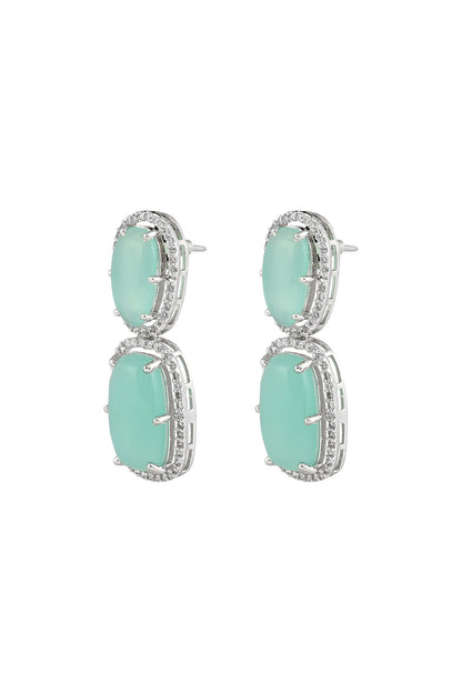 White Finish Aqua Cabochon Stone & Crystal Necklace Set